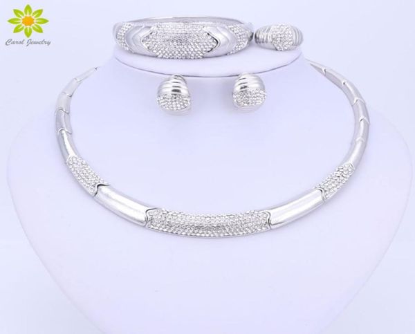 

full crystal jewelry sets silver plated necklace earring bracelet ring choker statement wedding party accessories colar6873001, Slivery;golden