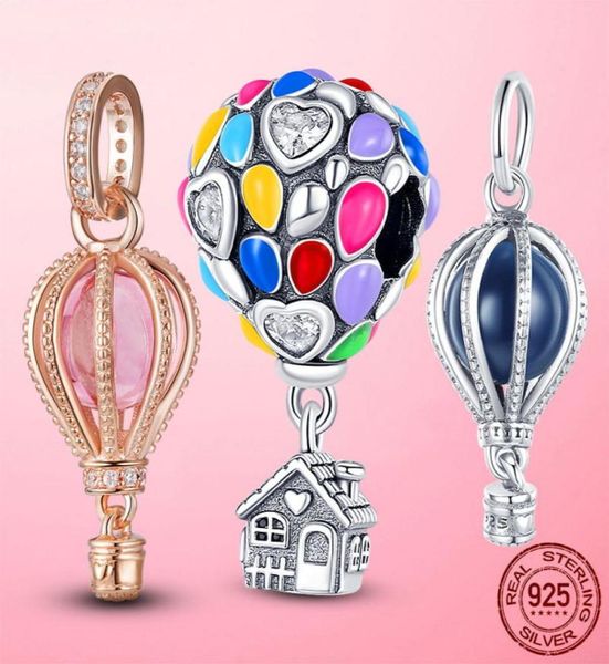 

925 silver fit charm 925 bracelet cz blue pink air balloon dangle charms set pendant diy fine beads jewelry3814490, Bronze;silver