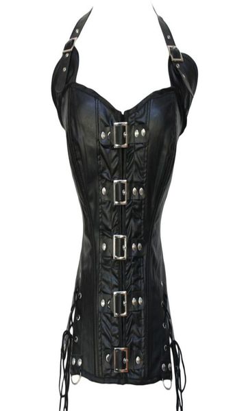 

women steampunk leather corsets lingerie clubwear gothic buckles halterneck pu leather black bustier corsets with buckles and8479819, Black;white