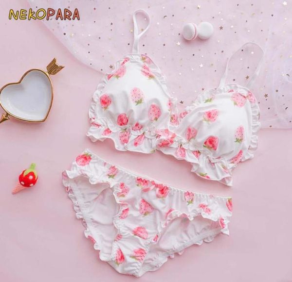 

big strawberry cute japanese milk silk bra panties set wire soft underwear sleep intimates set kawaii lolita color white67195956048753, Red;black