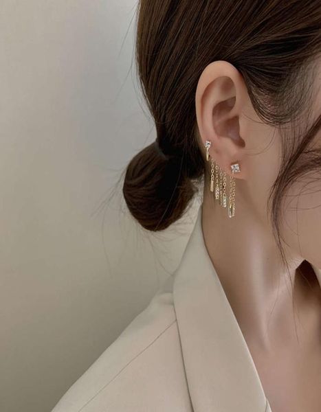 

2021925 dangle temperament fashion exaggerated geometric square diamond earrings net red simple female rectangular long section tg7530336, Silver