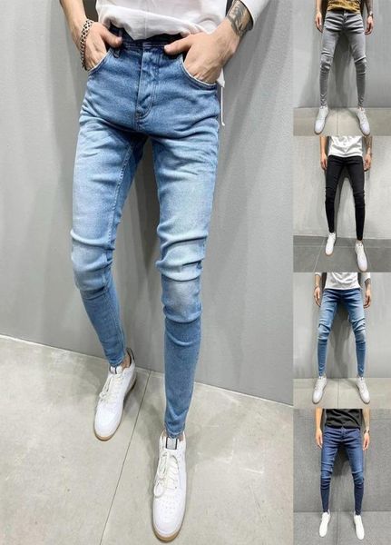 

men039s jeans puimentiua men elastic waist skinny stretch ripped pants streetwear mens denim blue7218667, Blue