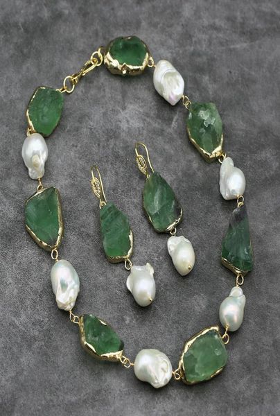 

natural green fluorite rough raw real white keshi pearl necklace earrings sets handmade for lady gifts3757098, Silver