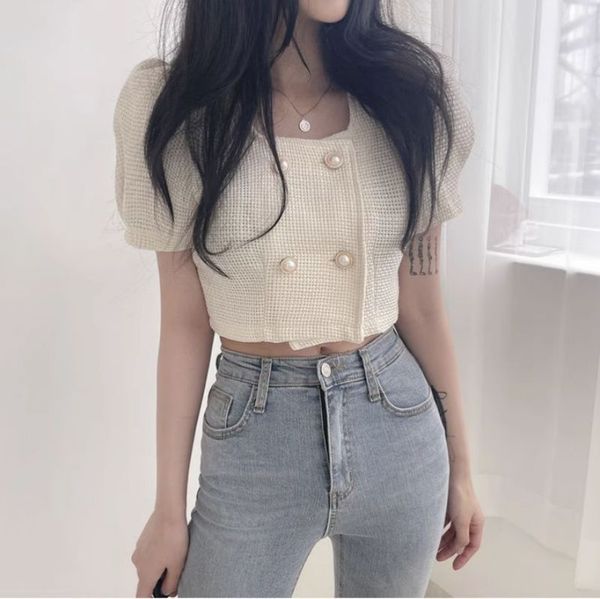 

women's blouses zawahiki korean chic elegant temperament square collar double breasted slim women short puff sleeve solid color shirt, White