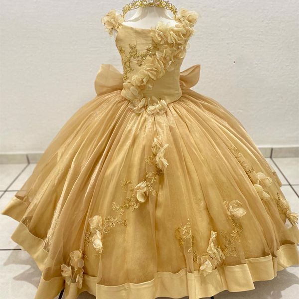 

luxury gold flower girls dress off the shoulder appliques pearls 3dflower ball gowns cute child dress vestidos para ninas, White;red