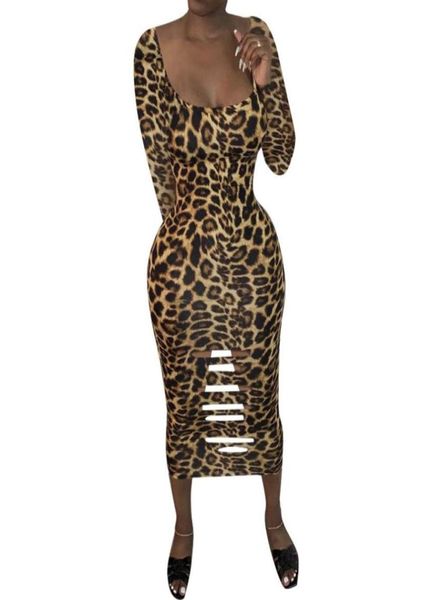 

fall women dress fashion long sleeve clothes leopard pattern ripped hollow out dresses skinny midlength woman casual5311953, Black;gray