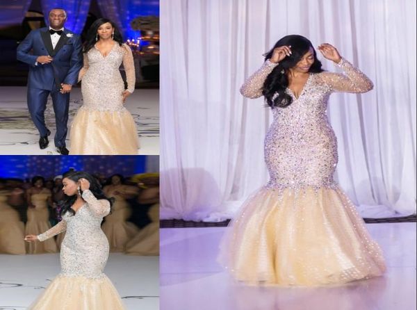 

bling mermaid prom dress crystal beaded vestido de festa long sleeves evening dresses v neck plus size africa champagne evening go6429049, Black