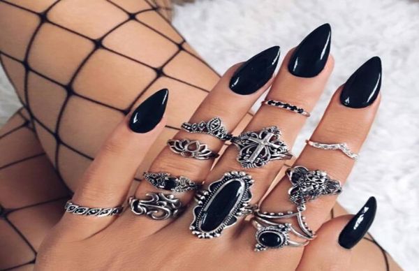 

european and american retro hollow lotus animal elephant geometric square black stone ring 12 piece set12142393504, Silver