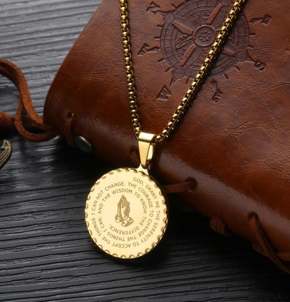 

pendant necklaces vintage mens gold link chain titanium steel round coin scripture necklaces jewelry gift whole sh6758288, Silver