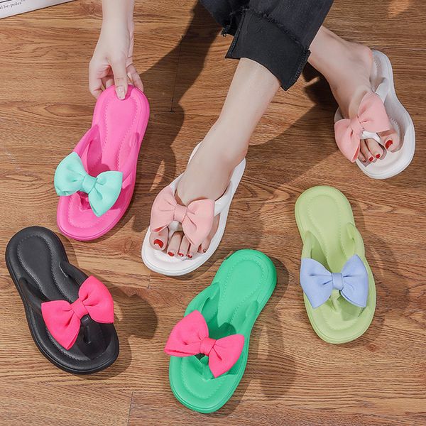 

slippers slippers female stepping on shit slippers thick sole anti-slip fashion outside wear bow outdoor beach sandals flip-flops 230713, Black