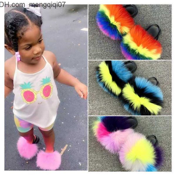 

slipper slipper summer new kindergarten fur slider baby sandals girl sandals barefoot shoes selling children' fluffy true fox fur chil, Black;grey