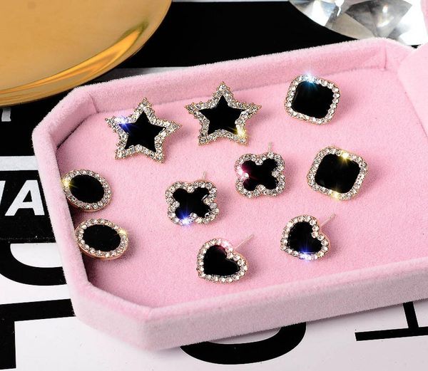 

korean 3a black cubic zirconia small stud earrings for women flower heart round star clover earrings fashion jewelry9110246, Golden;silver