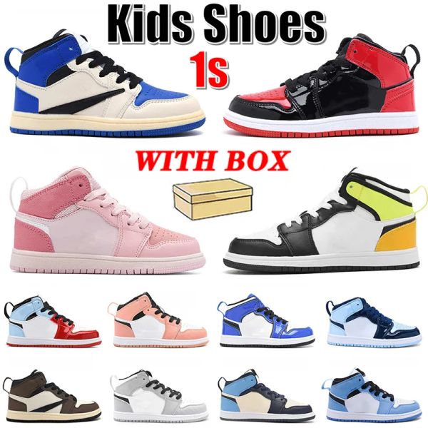 

with box 1s basketball shoes kids toddlers jumpman 1 sneakers cactus jack fragment bred patent digital pink volt unc obsidian big boys girls, Black