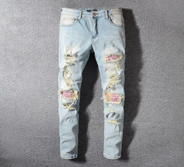 

men039s jeans retro light blue ripped jeans pink patch stitching slim pencil pants6853175