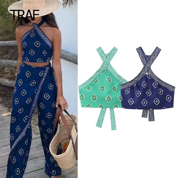 

women's tanks camis traf print halter woman 2023 summer green casual backless sleeveless off shoulder for women beach party 230714, White