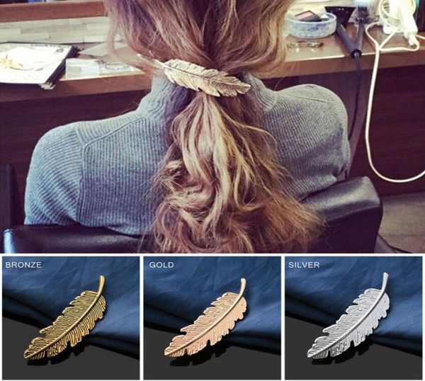 

fashion retro metal leaf shape hair clip barrettes crystal pearl hairpin barrette color feather hair claws hair styling tool 3 col2302610, Golden;silver