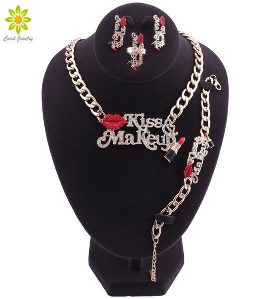 

bridal jewelry sets red lip and enameled lipstick kiss make up women gold plated necklace earring bracelet ring set6239921, Slivery;golden