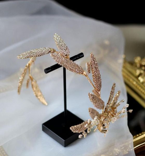 

hair clips barrettes bride elegant crystal pearls floral hairband with earrings gold retro leaves head piece luxury headband wed9130219, Golden;silver