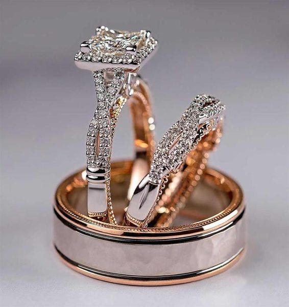 

huitan luxury princess cut cubic zircon bridal marriage rings 3pc set elegant accessories brilliant women wedding trendy jewelry p5889407, Silver