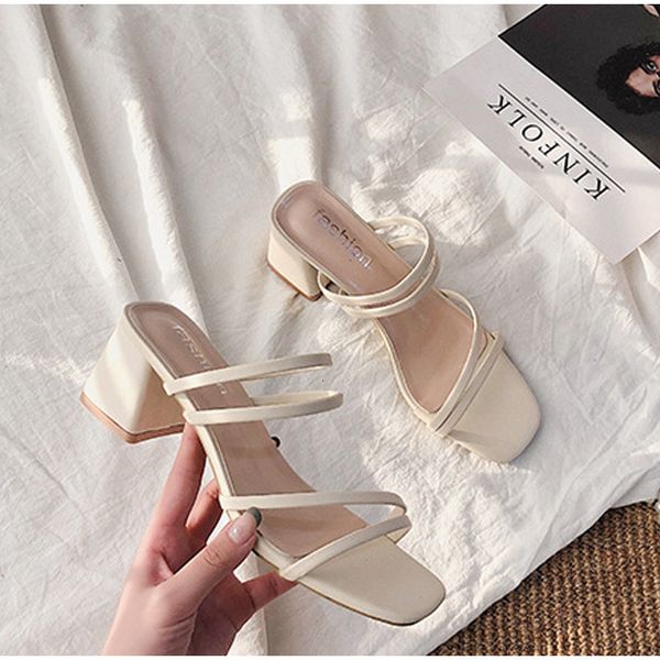

sandal ladies square heels elegant summer slippers outside cross tied leather female slides 2023 fashion woman 230714, Black