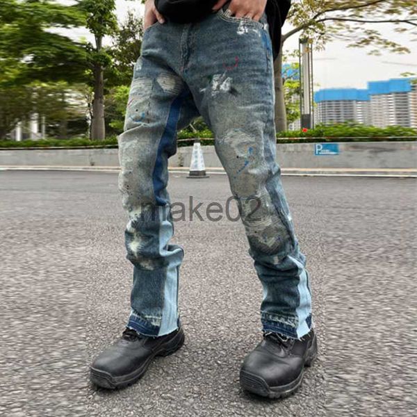 

men's jeans high street retro ink splash patchwork ripped jeans flare pants men and women straight casual oversized loose denim trouser, Blue