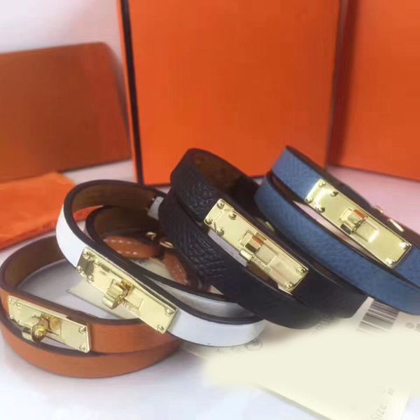 

popular brand jewerlry double strap genuine leather bracelet for women size 16-17, Golden;silver