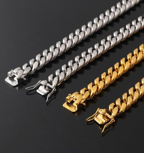 

14mm mens hiphop jewelry set stainless steel cuban link chains double safety clasp choker necklace bracelet 85quot18quot208067884, Silver