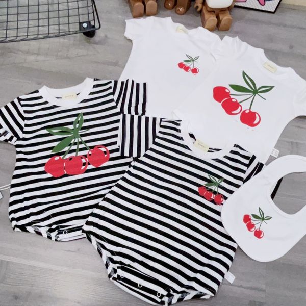

designer infant girls summer triangle rompers newborn kids cherry printed stripe short sleeve jumpsuits with bibs 2pcs baby 1st cotton cloth, Blue