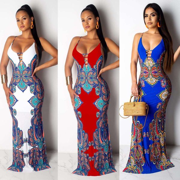 

summer dress ethnic style deep v printed tight braces mop long, Black;gray