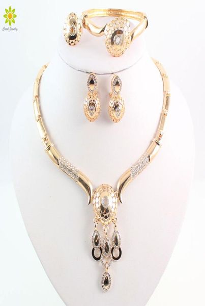 

new design dubai women fashion jewelry set australia crystal 18k gold plated chunky necklace bangle wedding bridal jewelry sets6047893, Slivery;golden
