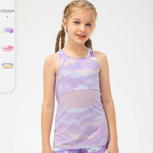 

girls' sports vest fake two piece mesh mask shirt tank ebb dance training children's running fitness suit