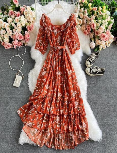 

bohemian women slash neck chiffon long dress female floral printed ruffle maxi vestidos elegant big swing beach party robe6475615, Black;gray