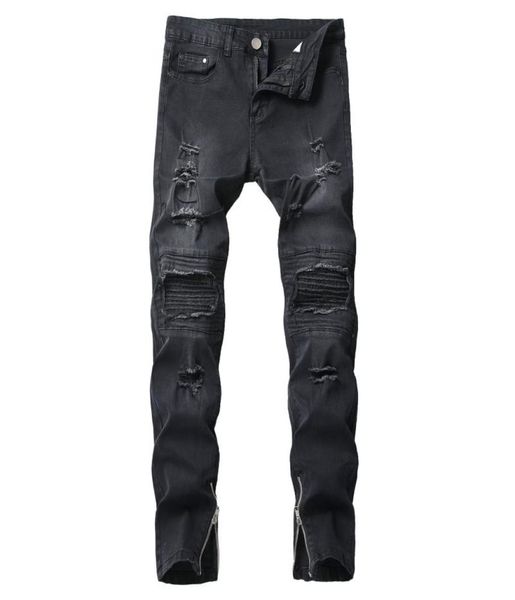 

men casual jeans hole slim straight pleated biker jeans pants male zipper denim fashion black pants6891246, Blue