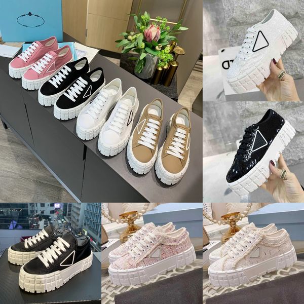 

designer casual shoes double wheel sneakers gabardine sneaker outdoor shoe women lace up loafers canvas platform trainers with box, Black