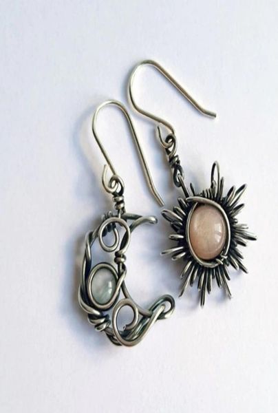 

bohemian wind retro sun moon earrings moonstone asymmetric dangle8929675, Silver