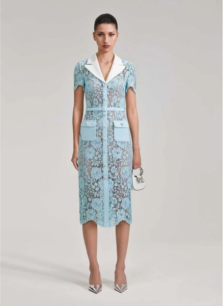 

casual dresses 2023 early spring new european and american brand water soluble lace spliced suit v-neck fake two piece waist slim mid length, Black;gray