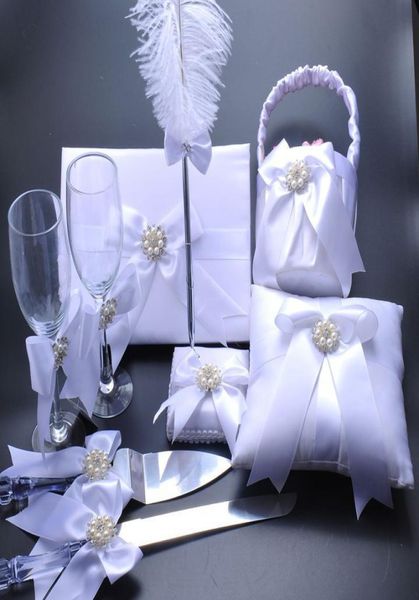 

beautiful white flower wedding ring pillow flower basket guest book bearer feather pen favor 6 in 1 set 5in16298706