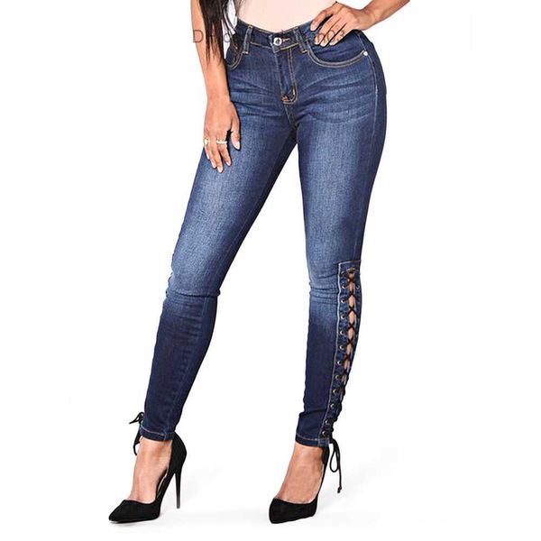 

women's jeans women's fashion tight high waist jeans bandage elastic slim fit jeans side lace casual women's jeans trousers s, Blue