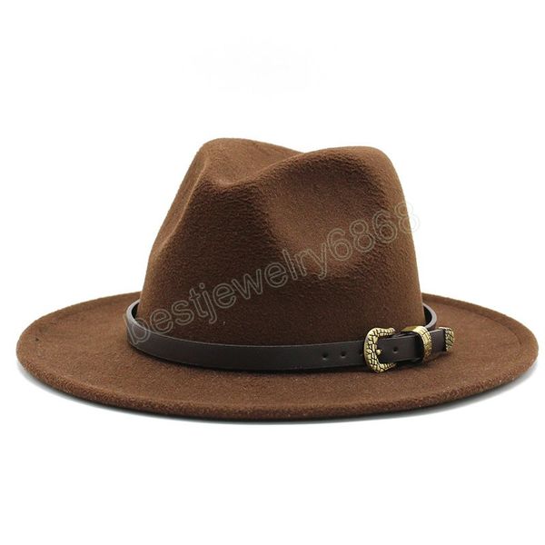 

men women wide brim wool felt fedora panama hat with belt buckle jazz trilby cap party formal hat in pink white, Blue;gray