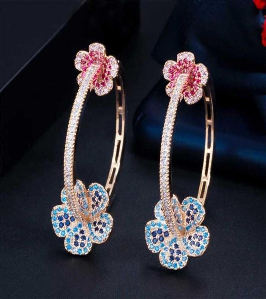 

cwwzircons designer elegant micro pave blue red cz light gold color big round flower hoop earrings for women jewelry gift cz810 213310672, Golden