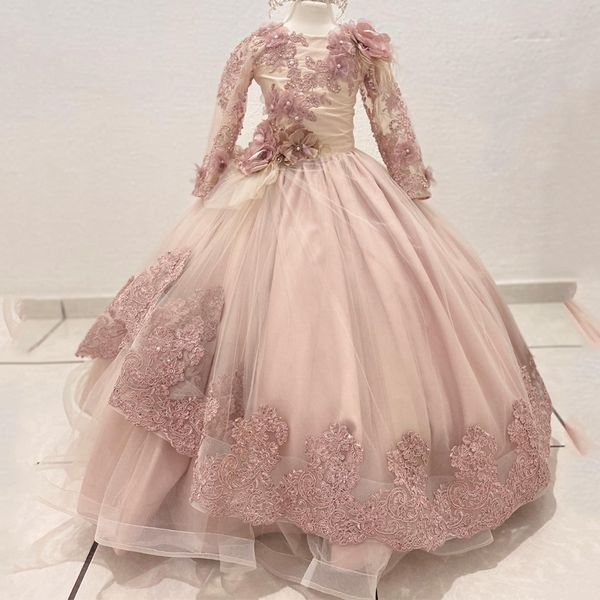 

o-neck flower girls dress princess ball gown for birthday applique 3dflower pearl long sleeved gown corset vestidos para ninas, White;red
