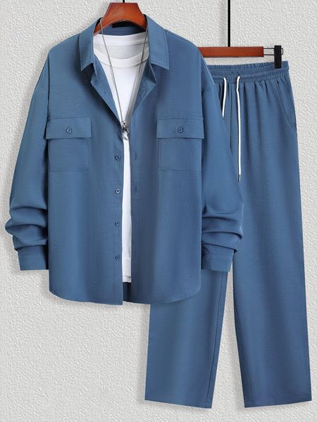 

men's tracksuits men flap pocket shirt and drawstring waist pants without tee 230714, Gray