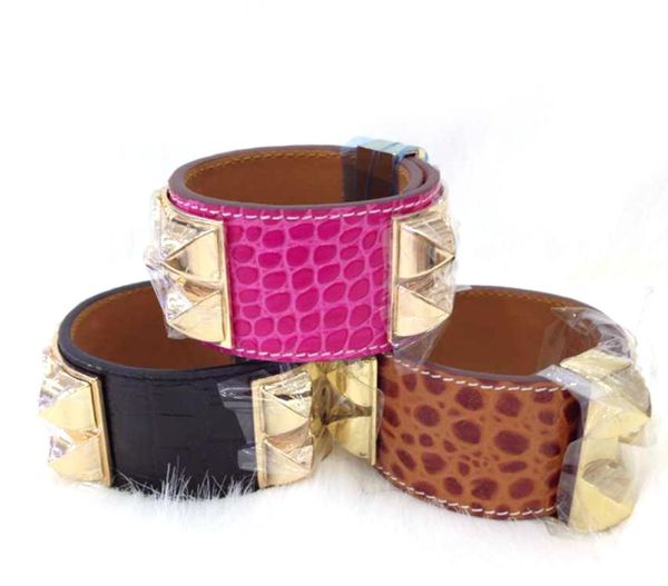 

whole crocodile pattern leather four nail rivets leather bracelet exaggerated punk wind wide bracelet h bangle jewelry5710781, Black