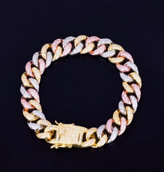 

12mm mixed color cuban chain bracelet men039s hip hop jewelry iced out zirconia gold silver rose bracelet 7quot 8quot2528677, Black
