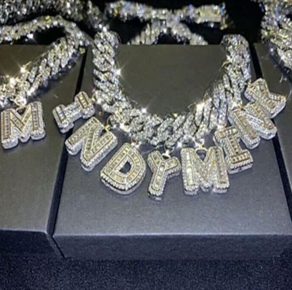 

hip hop custom cuban link charmed name necklace baguette letter 14mm choker chain necklace 18inch cuban chain zirconia jewelry8773023, Silver