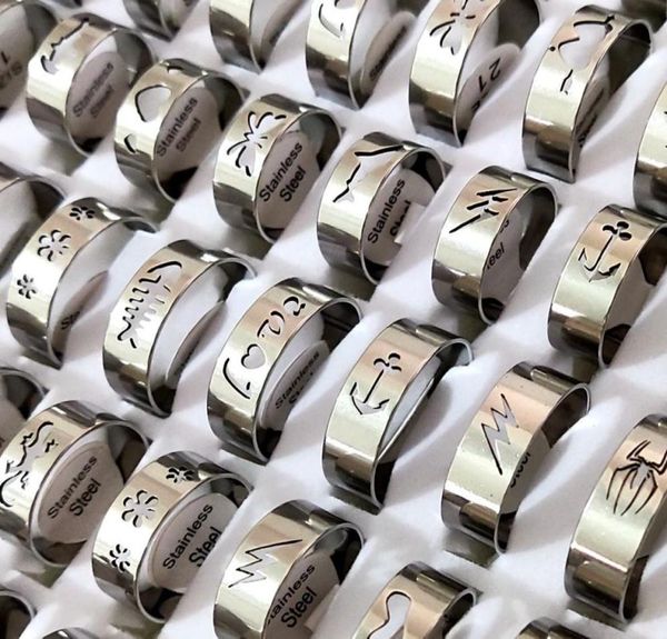

bulk lots 100pcslot mixed laser cut stainless steel silver ring men women fashion cool finger ring party jewelry7179069