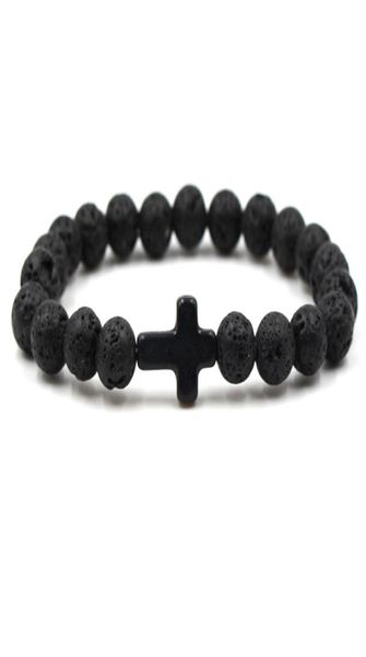 

east039frie 8mm lava rock beaded bracelets fashion natural stone charm jewelry punk 9 colors turquoise cross bangles stone 9970609, Black
