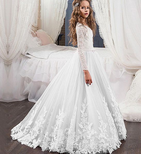 

elegant lace jewel neck long sleeves flower girl dress for wedding first communion white ivory vestidos de festa5879921, White;red