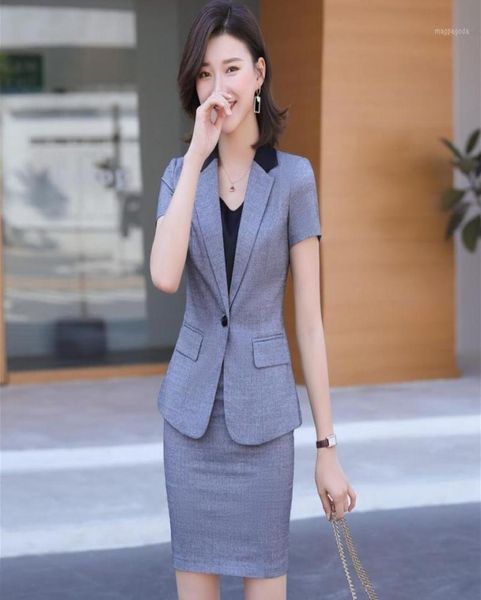 

summer formal ladies grey blazer women business suits with skirt and jacket sets short sleeve work wear uniforms1292890, White;black