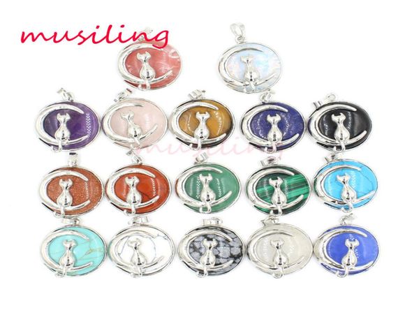 

moon and cat pendants pendulum jewelry for women natural stone crystal charms european healing chakra wicca witch amulet fashion j2081611, Silver